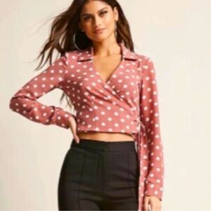 Forever 21 size small pink or red cropped surplus wrap top w/ white polka dots